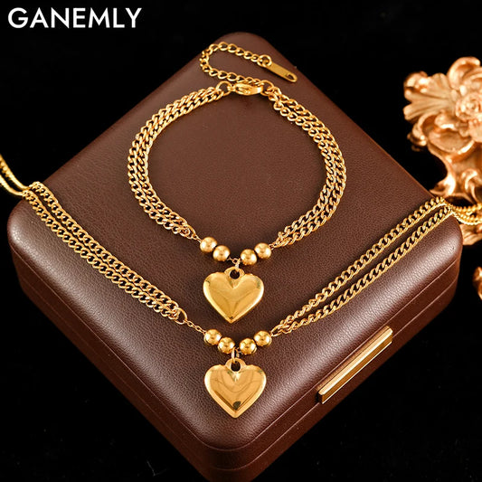 GANEMLY 316L Stainless Steel Metal Heart Love Charm Necklace Bracelets Waterproof Jewelry Set Metalic Chain For Women Lady Gift